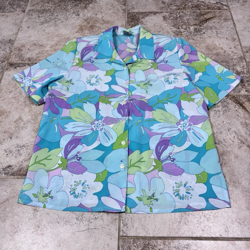 Allison Dailey Vintage Top Womens 12 Button Front Short Sleeve Blouse Floral - Picture 1 of 7